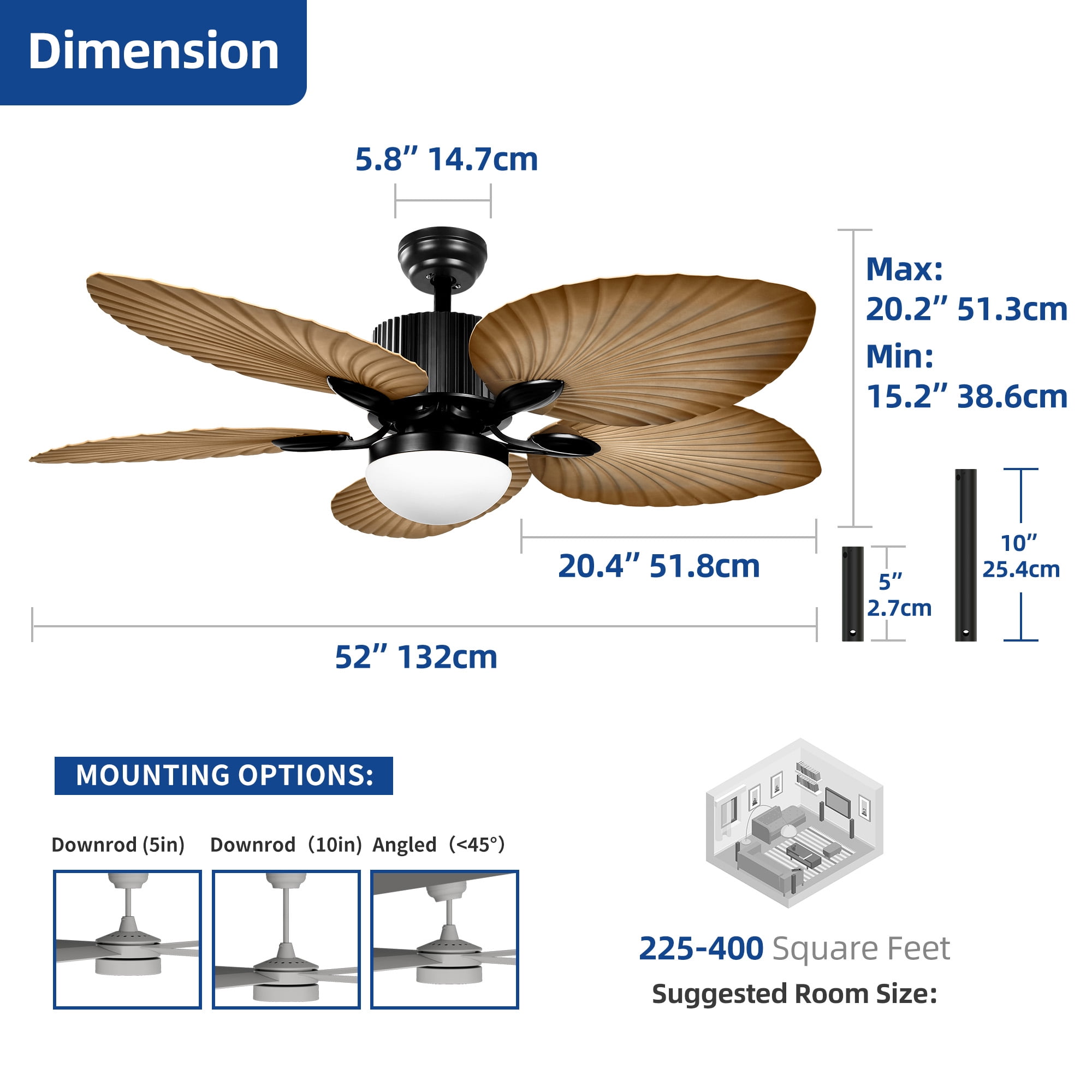 Dextrus 52-inch Tropical Ceiling Fans with Light and Remote, 5 Leaf Blades Energy-efficient ceiling fan for Outdoor, Indoor - Light Brown