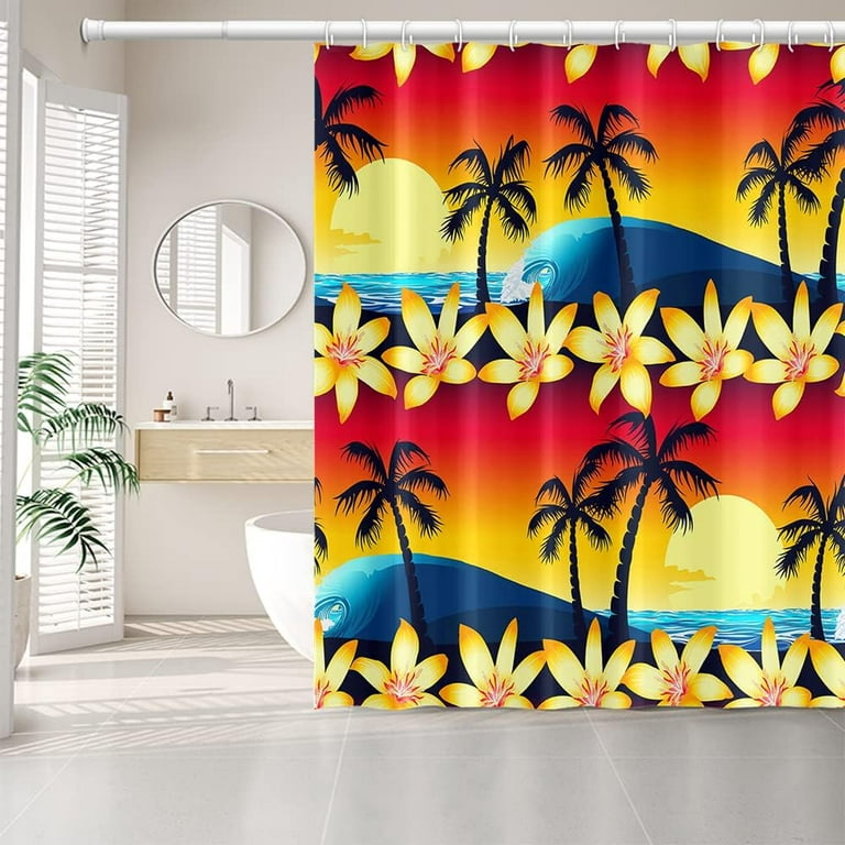 JOOCAR 72x72 Inch Tropical Sunset Landscape Shower Curtains Summer Sea  Level Coconut Tree Blossom Floral Bathtub Decor Cloth Waterproof Machine