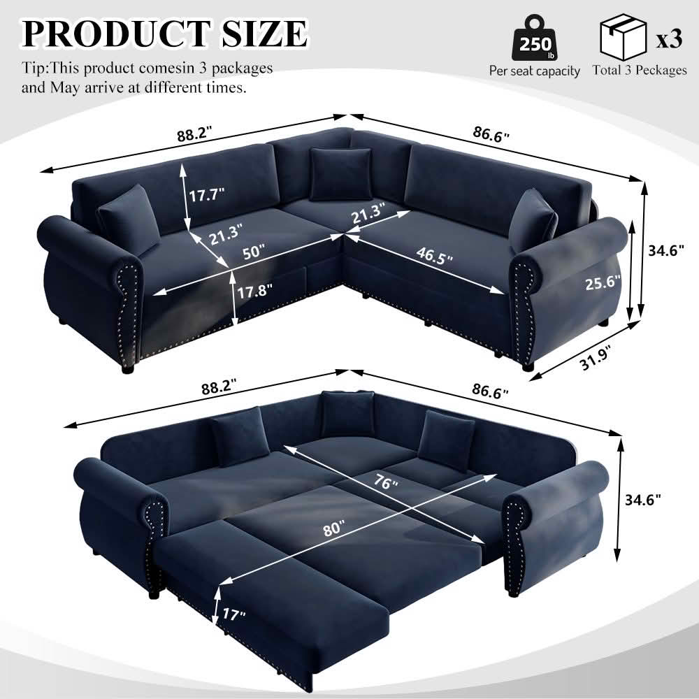 MAYEERTY 88.2" L‑Shaped Convertible Pull‑Out Sofa Bed, Chenille Sectional Couch with Nailhead Trim & Rolled Arms, Multifunctional Sleeper Sofa