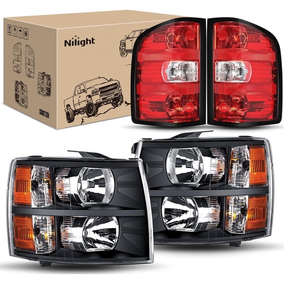 Nilight Headlight and Taillight Assembly Compatible with 2007 2008 2009 2010 2011 2012 2013 Silverado 1500 2007-2014 Silverado 2500HD 3500HD Black Housing Amber Reflector with Red Housing Tail Light