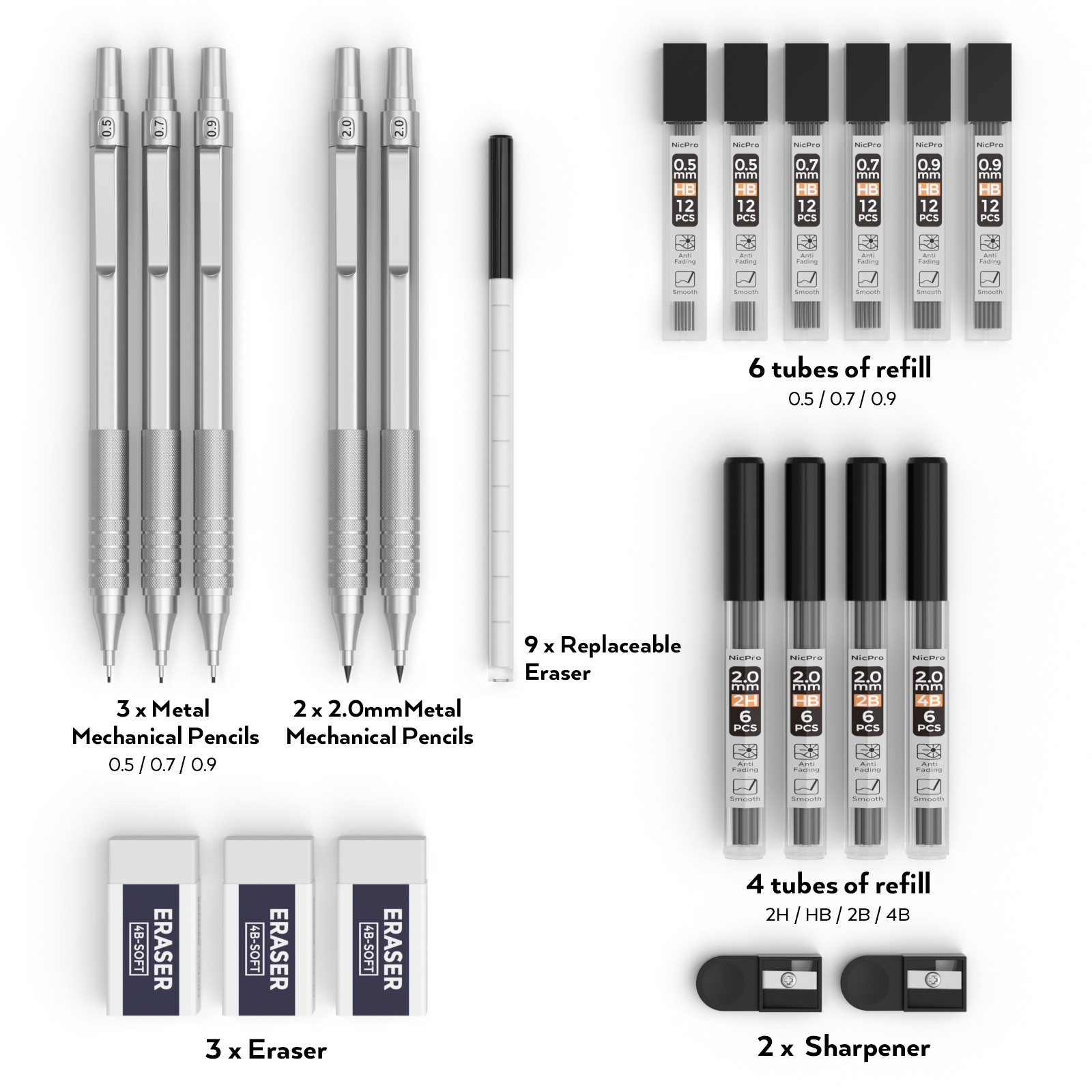2 Porte-mines Métal Nicpro 0.5mm Et 0.7mm - Avec Mines HB, Gommes, étui, Pour Dessin