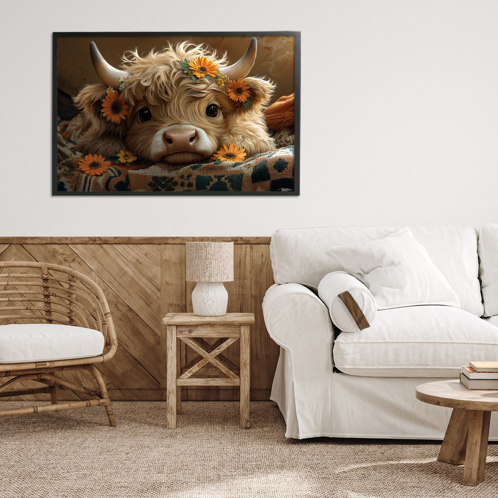 Adorable Flower Bedecked Cattle Black Framed Giclee Art, design by Momart