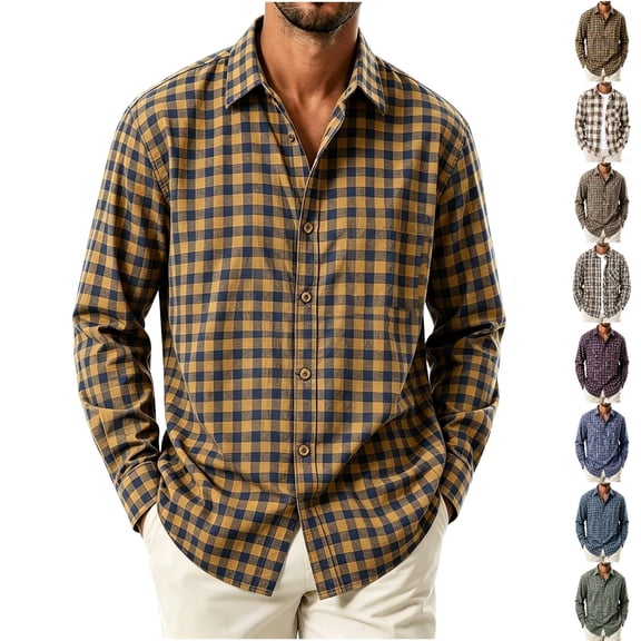 Fanshiluo Men's Plaid Button Down Collared Shirt, Long Sleeve Loose Fit Casual Top,L,Big and Tall Men