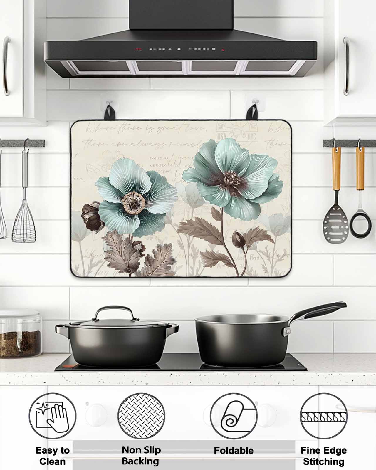 Stove Top Covers for Electric Stove, Blue Green Floral Glass Stovetop Cover Protector, Spring Summer Mallow Flowers Retro Induction Cooktop Protector Oven Mat for Kitchen Countertop 36"x21"