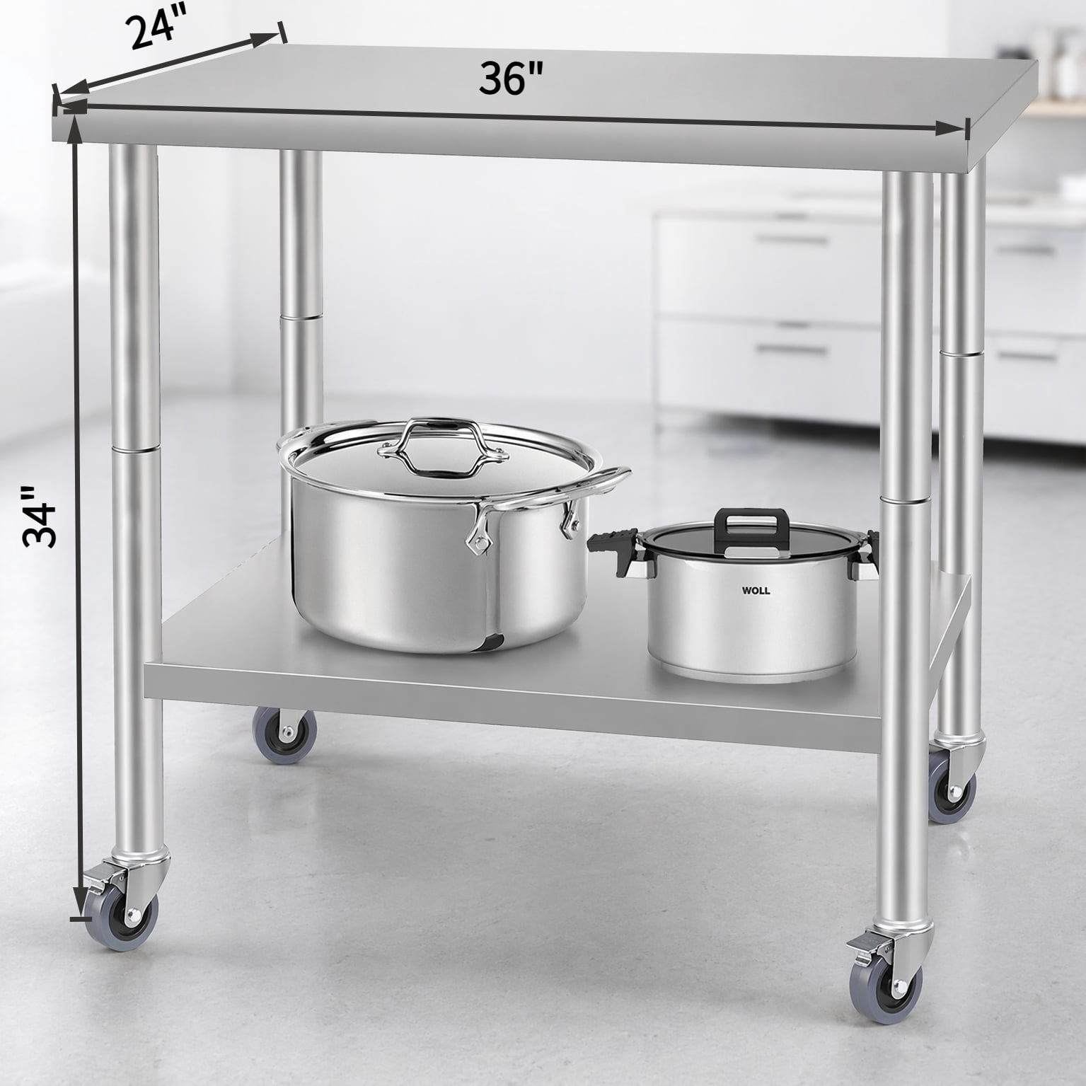 GARITIN 36 x 24 Inch Commercial Work Table with Wheels, Stainless Steel Kitchen Prep Table with Under Shelf for Restaurant & Home, Silver