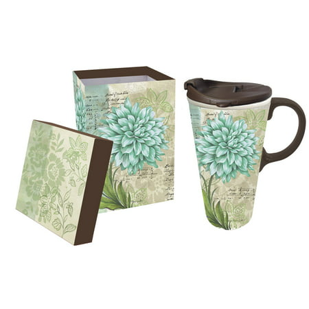 Cypress Home Turquoise Dahlia Ceramic Travel Coffee Mug, 17 (Best Ceramic Travel Coffee Mug)