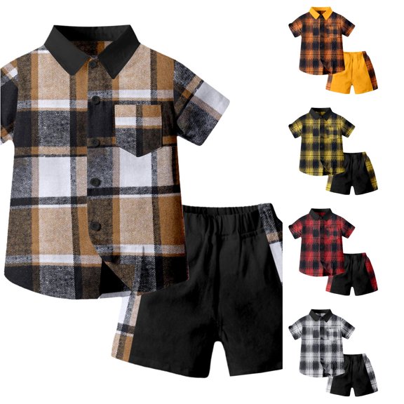 Outfits for Toddler Boys Short Sleeve Patchwork Plaid Prints T Shirt Tops Shorts Outfits Sets Size 3-4T ,Black