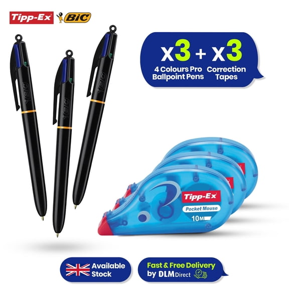 BIC 4 Colour Pro Pens Pack of 3 and Tipp-Ex Correction Tapes Pack of 3