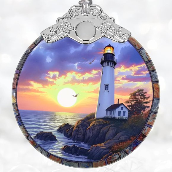 shiyou-Christmas Decorations Ornaments, Stained Glass Ornament, Christmas Tree Ornaments, 2025 Gift Ornament, Xmas Gift for Friend Family Coworker - Lighthouse at Dusk