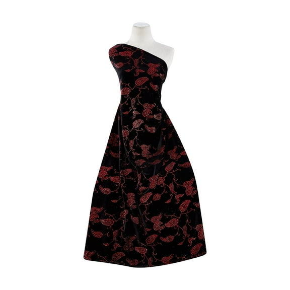 Zelouf Paisley & Scroll Glitter On Spandex Velvet  , Sewing, DIY, Crafts Fabric by the Yard, Black/red, 3 Yard