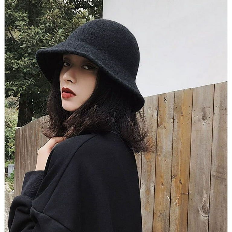 PIKADINGNIS Thickening Panama Warm Winter Womens Bucket Hat for Teens Felt  Wool Hat for Girls Winter Fashion Fur Black Hip Hop Hat Cap