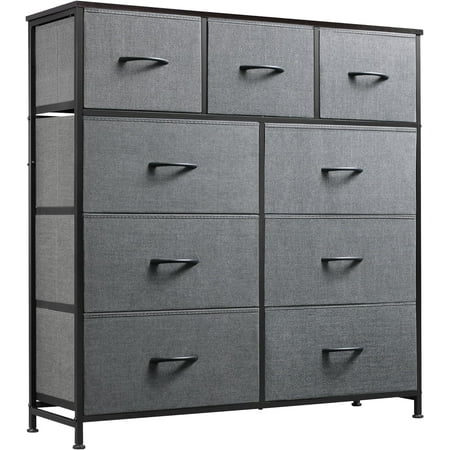 WLIVE 9-Drawer Dresser, Fabric Storage Tower for Bedroom, Hallway, Entryway, Closet, Tall Chest Organizer Unit with Fabric Bins, Steel Frame, Wood Top, Easy Pull Handle, Rustic Brown Wood Grain Print