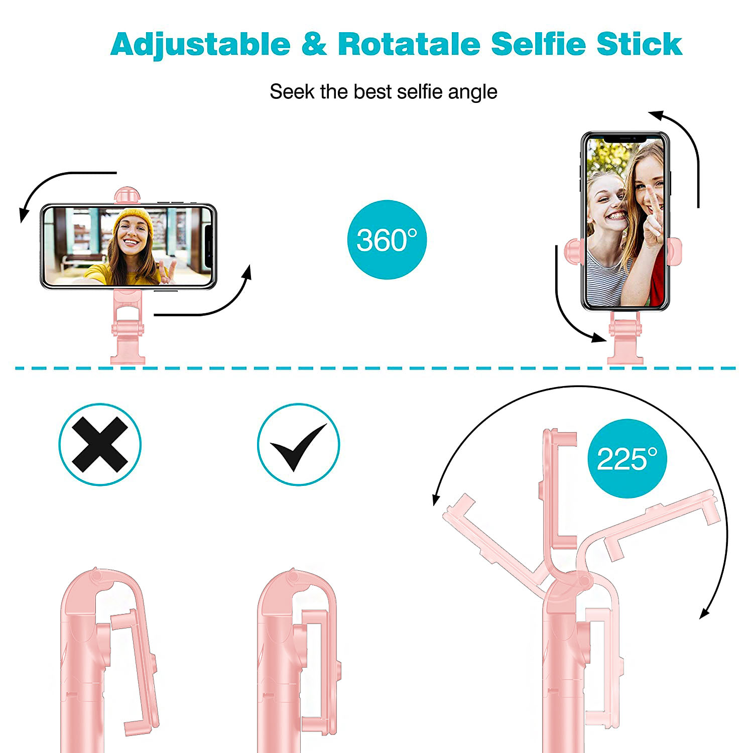TiokMc Wireless Selfie Stick Tripod, 26 Inches Extendable, Pink photo 2
