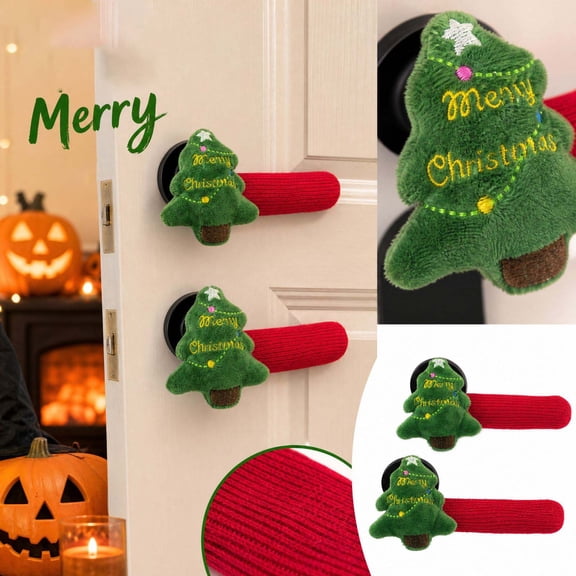 MInHoues 2Pcs Christmas Tree Plush Doorknob Covers, Soft Fabric Doorknob Protector Sleeves, Xmas Decorative Door Handle Covers for Home Interior Door Holiday Decoration