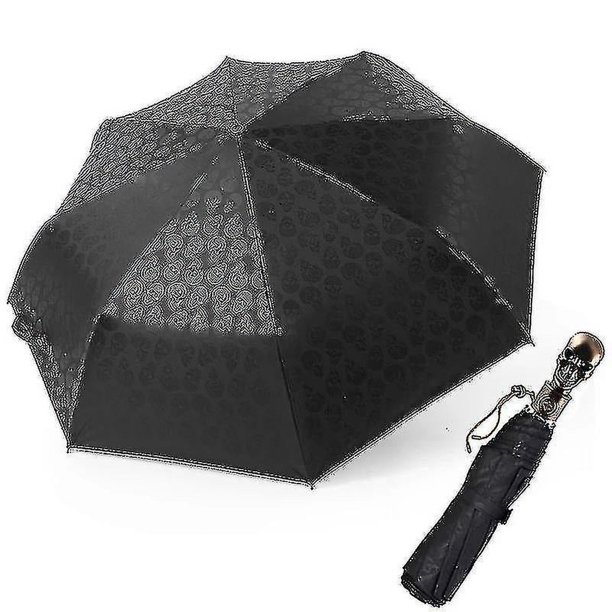 Paraguas retro con calavera, protección solar anti-UV, plegable automático, Bumbershoot (negro)