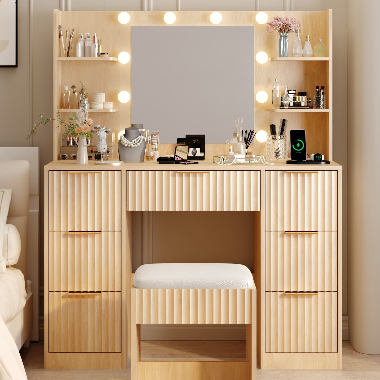 Zimtown Lighted Makeup Vanity Desk with Mirror and Charging Station, Vanity Table with 7 Drawers & 4 Storage Shelves for Dressing Room Bedroom, Oak