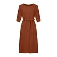 thumbnail image 6 of APEXFWDT Women's 3/4 Sleeve Linen Dress with Belt Summer Casual Crewneck Long Dresses for Women Plus Size Elegant Crewneck A-line Dress for Work Office, 6 of 8