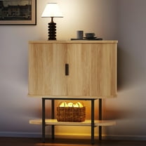 Dextrus Sideboard Buffet Cabinet with 2 Sliding Tambour Doors, Modern Storage Cabinet with LED Light, Oak