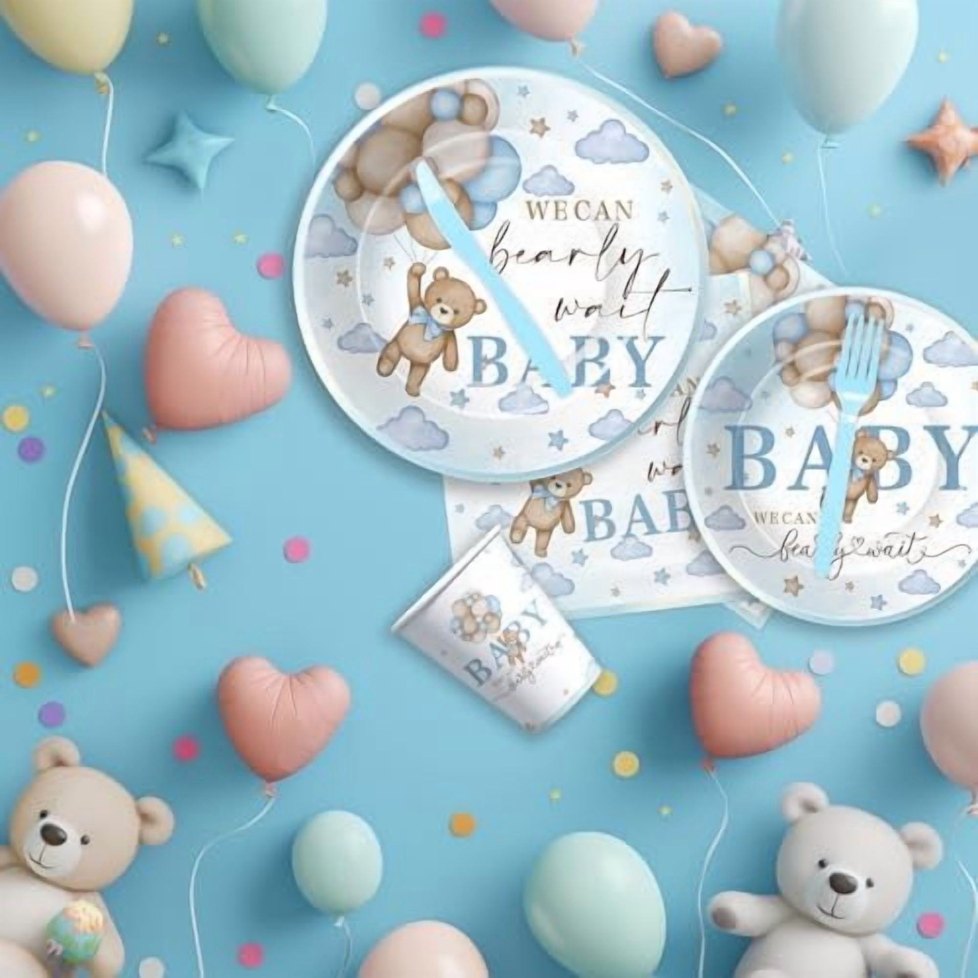 Bear Baby Shower Decorations Boy Tableware - Blue Bear We Can Bearly Wait Baby Shower Decorations Party Supplies, Paper Plate, Napkin, Cup, Cutlery, Tablecloth, 24 Guests$$