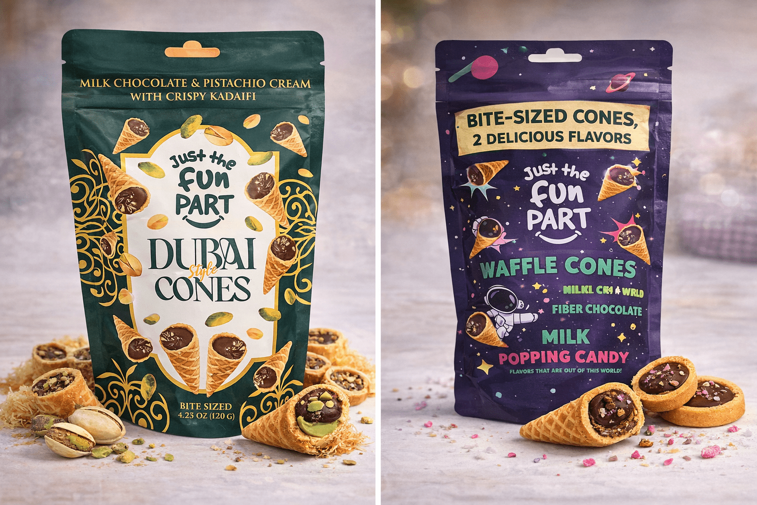 Just the Fun Part Dubai Cones & Waffle Cones Bite Sized 4.23oz 120g (2 Bags)