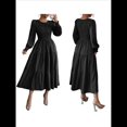 thumbnail image 3 of Vestidos de Invitada de Boda de Otoño para Mujer, con Mangas Largas Abullonadas, Fruncido, Cuello Redondo, Informal, Escalonado, Corte A, Vestido Fluido Negro XL, 3 of 7