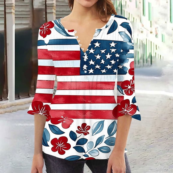 Lorytime 4th of July Outfits for Women Patriotic Graphic Tops Red White and Blue Wear 3/4 Sleeve Holidays Clothes S