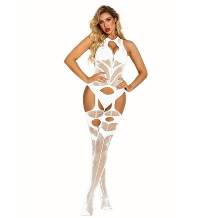 Fengqque Sexy Womens Lingerie Fishnet Open Crotch Seamless Mesh Netting Stockings Chemise Hollow Out Babydoll Bodysuit Sleepwear