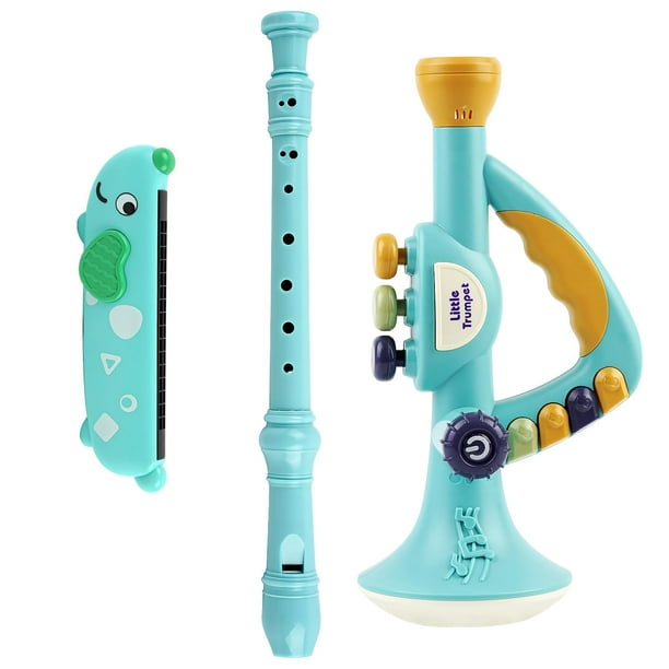 Juego de instrumentos musicales de juguete para trompeta y armónica, grabadora, azul