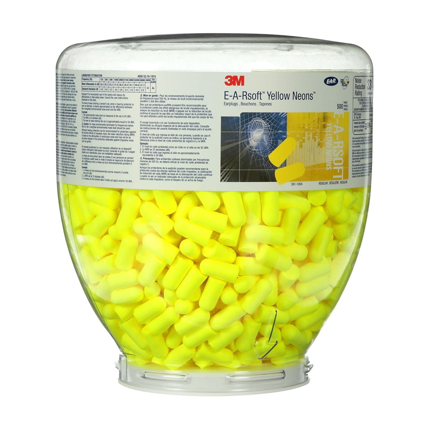 E-A-R, MMM3911004, Classic Earplugs, 1000 / Bottle, Neon Yellow