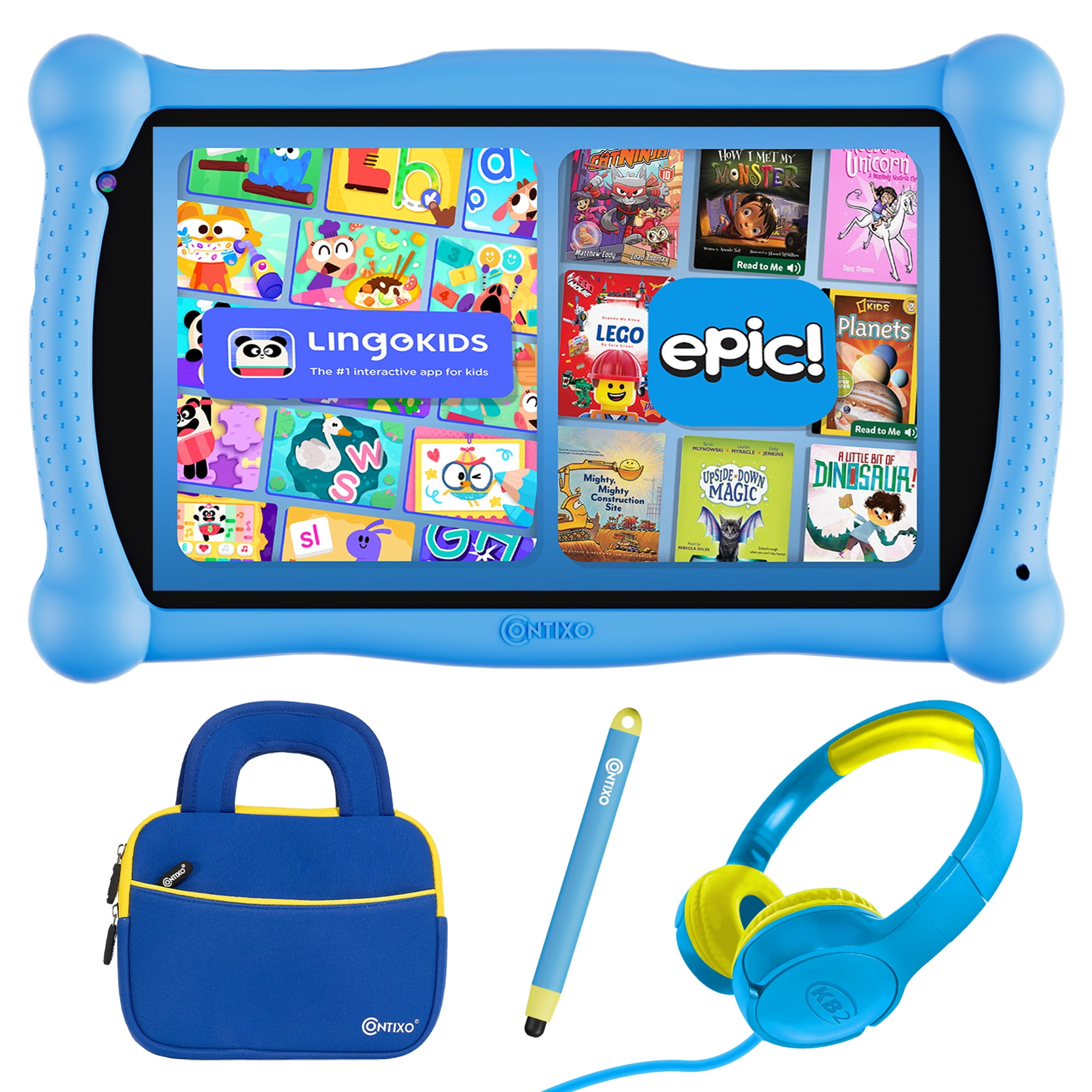 Contixo 7-Inch Kids Tablets Bundle, 32GB Educational Android Tablet with Headphones and Stylus, Blue