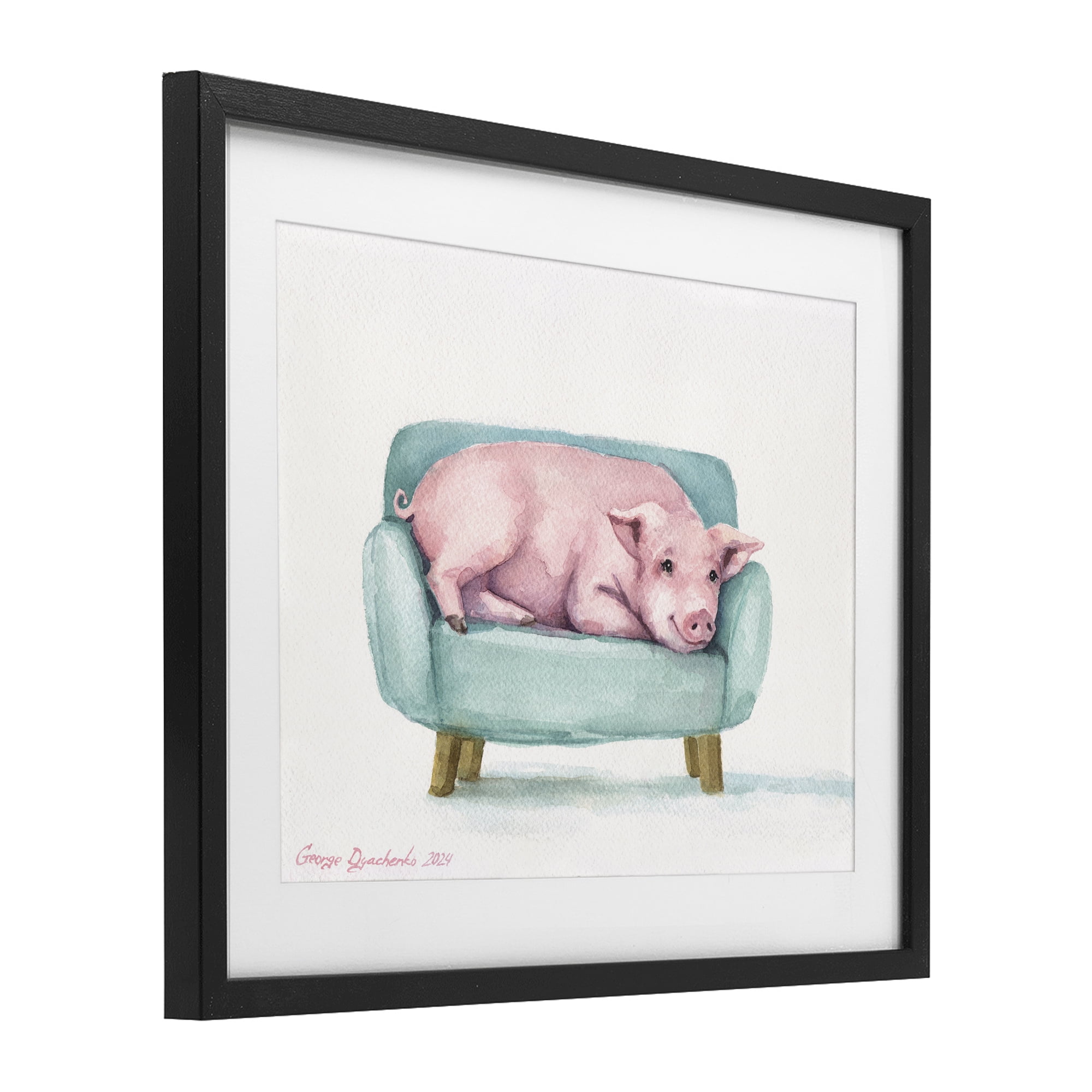 Stupell Industries Cute Piglet on Armchair Black Framed Print Under Glass, design by George Dyachenko