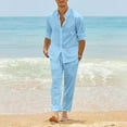 thumbnail image 4 of Puntoco Men's 2 Piece Outfit Casual Short Sleeve Button Down Shirt Beach Summer Loose Pant Sets Sky Blue XXL(XXL), 4 of 8