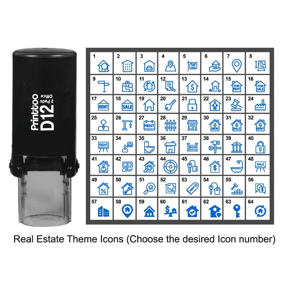 Printtoo Personalized Real Estate Theme Icons Round Rubber Stamp Self Inking Stamper 12 mm-Blue