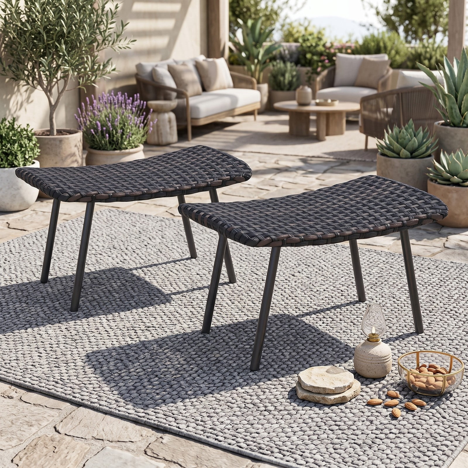 Furnibear All Weather Outdoor Ottoman Set of 2 PE Rattan Patio Footrest Stool Wicker Footstool Seat with Sturdy Metal Legs and Quick Dry Foam for Poolside, Mix Brown