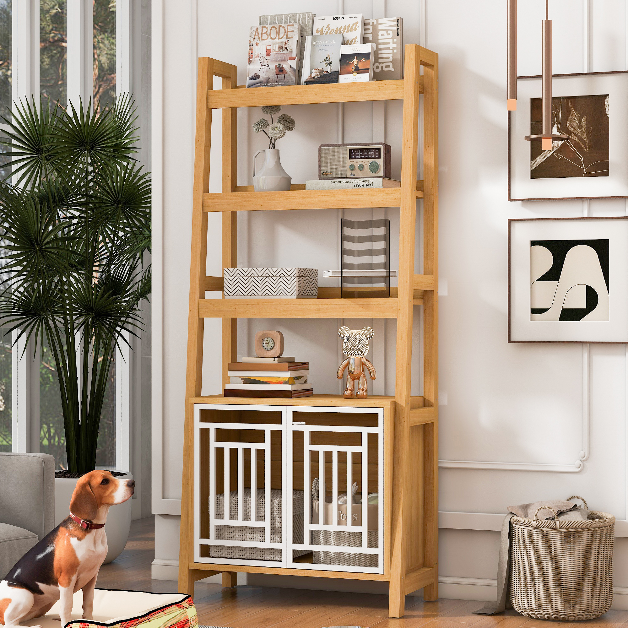 Jopath Modern 2 IN 1 Dog Furniture Dog Crate Ladder Bookshelf, Tall Wood Display Shelf with Storage, Dog Kennel Bookcase for Small-sized Dogs up to 50lbs, 32.5"L