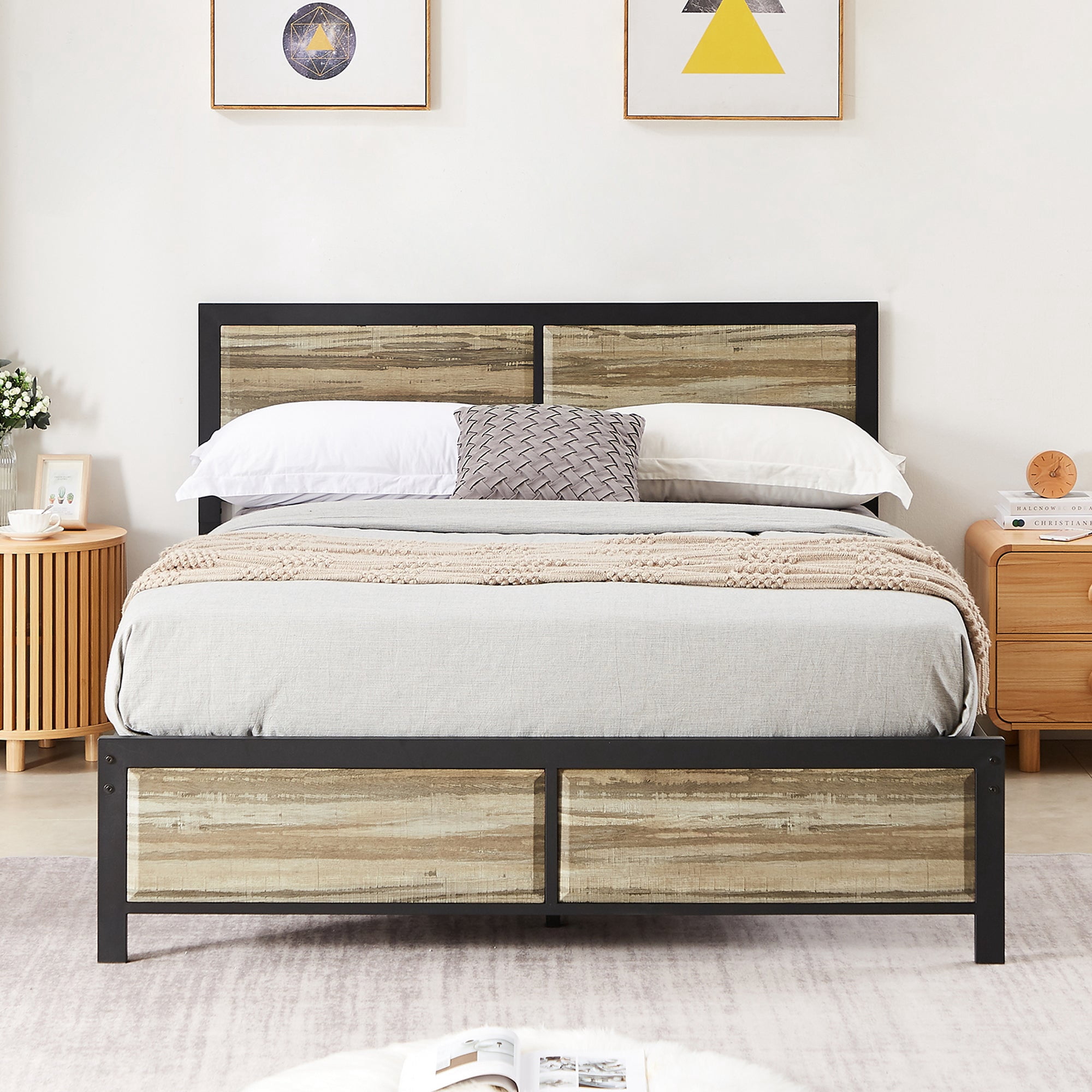 VECELO 4-Piece Full Size Bedroom Set with Bed Frame & 5-Drawer Dresser & Two Nightstands, Gray