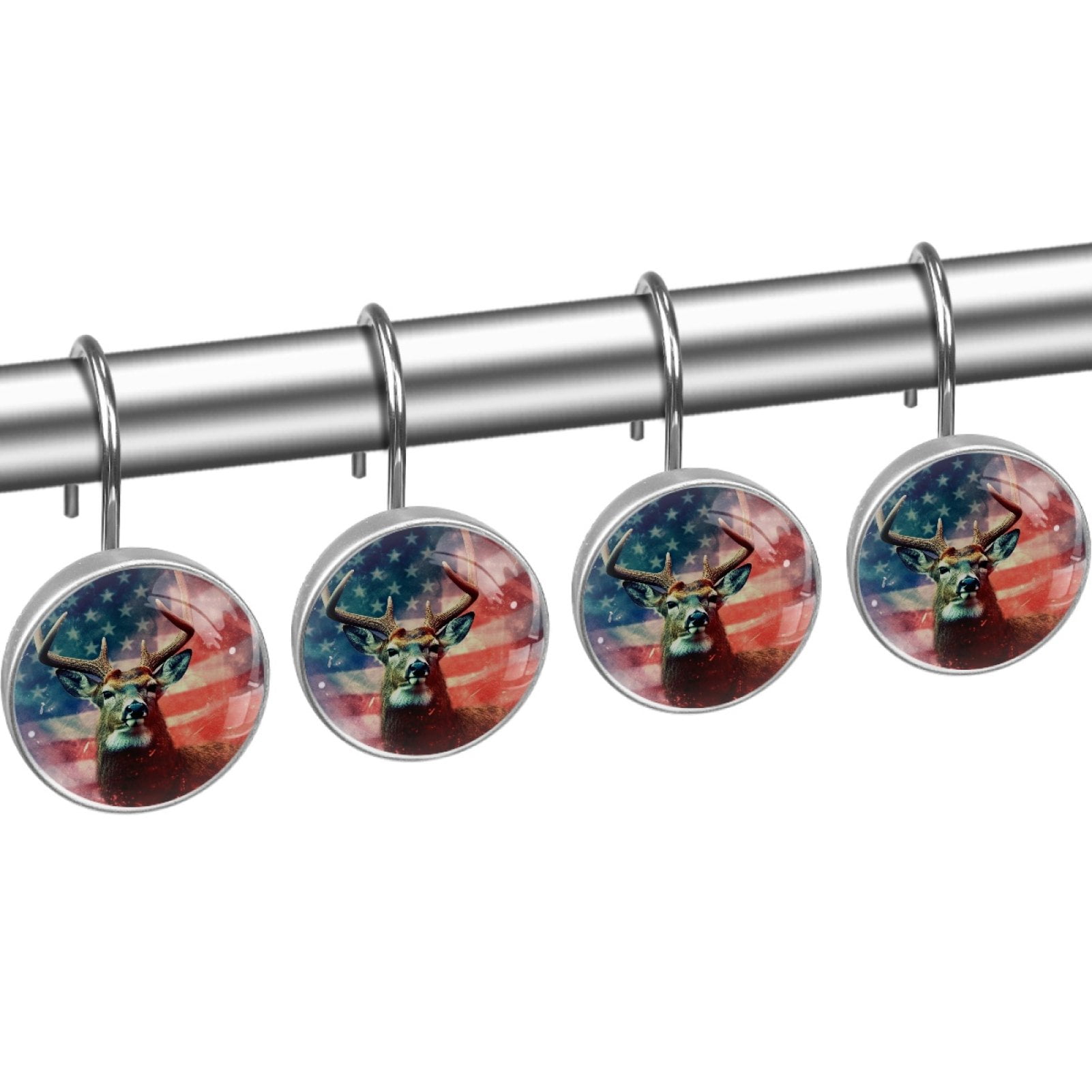Deer and American Flag Shower Curtain Hooks （Set of 12） for Home Hotel Shower Rods Bathroom Crystal Glass Print Stainless Steel Round Curtain Hooks