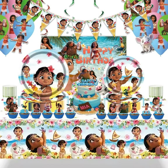 Moana Birthday Party Supplies with Birthday Banners, Cake Toppers, Latex Balloons, Happy Birthday Backdrop