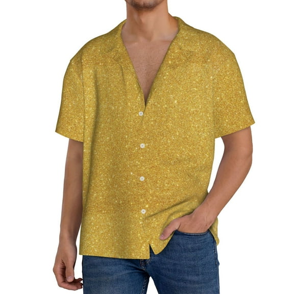 Gukieu Gold Shiny Print Men's Short-sleeved Shirts, Button-down Pocket Shirts, T-shirts, Beach Vacation Travel Summer Clothing-Small