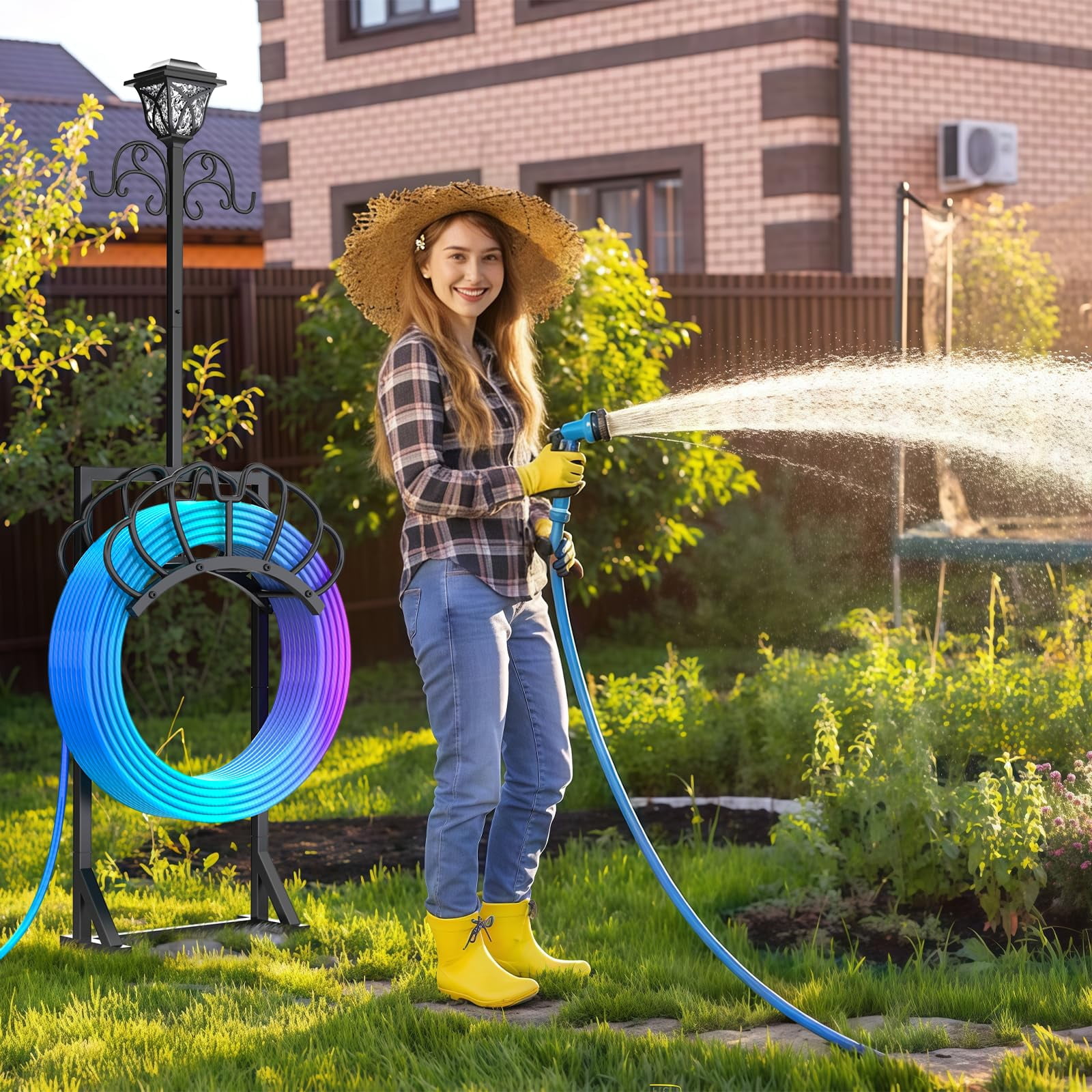 Yacona Garden Hose Holder with Light, Water Hose Holders for Outside with Shepherds Hooks, Freestanding Water Pipe Stand, Black