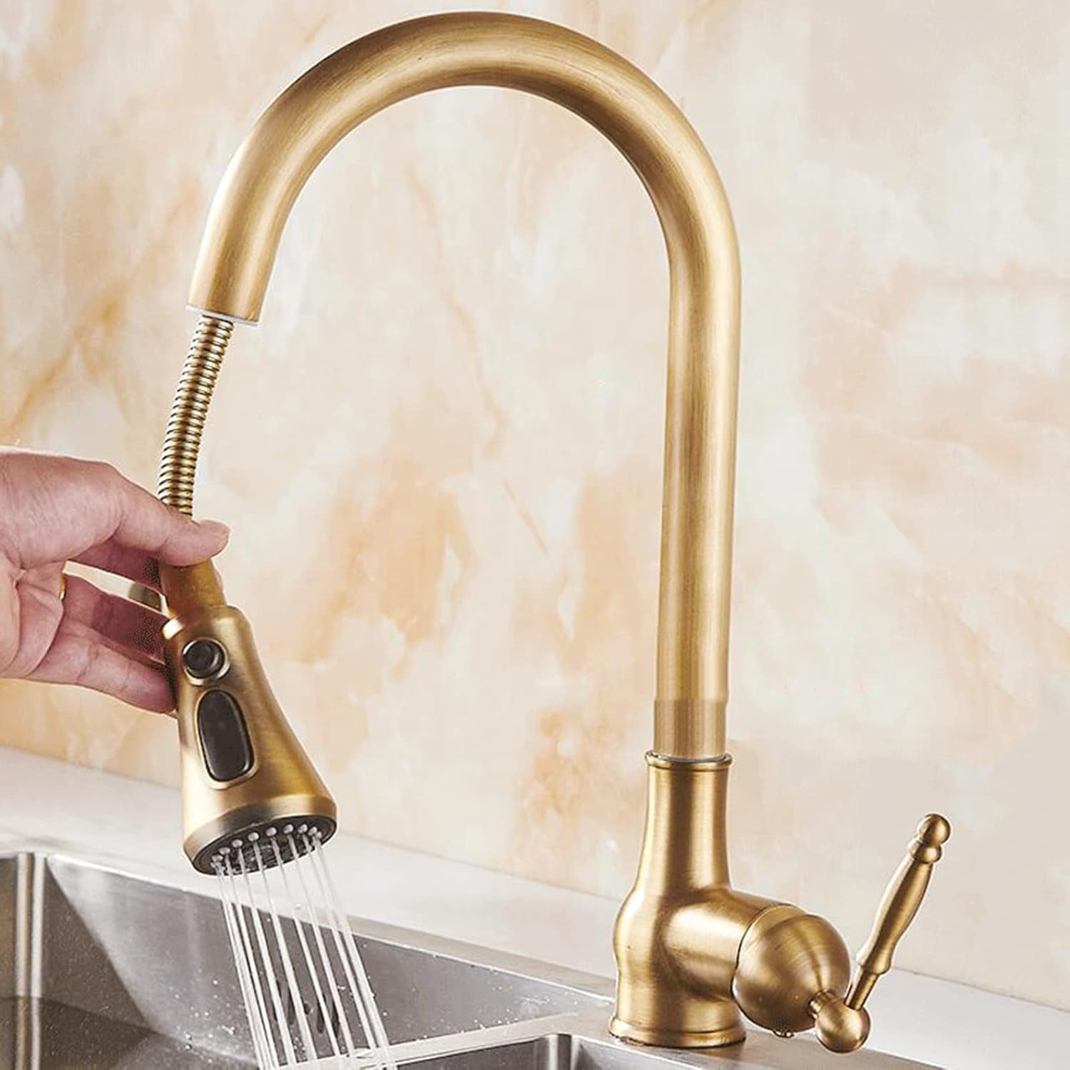 Kitchen Faucets with Pull Out Spray Antique Brass Kitchen Faucet 360° Swivel Hot and Cold Water Sink Faucet