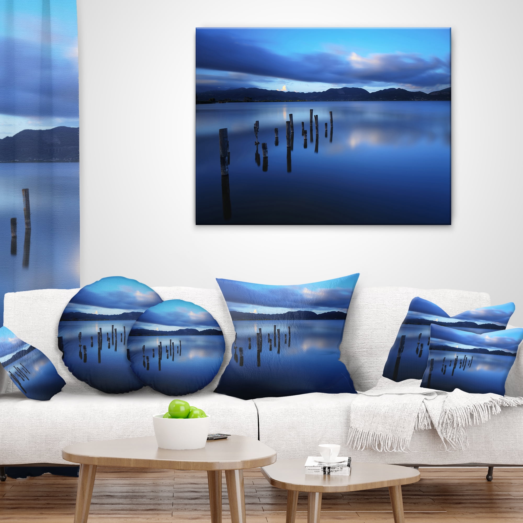 Designart Dark Blue Sea with Pier Remains - Seascape Throw Pillow - 12x20