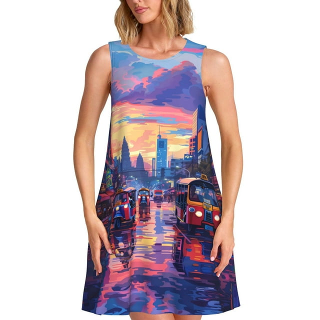 Fotbe Taxi Colorful Town Vestido de Verano sin Mangas para Mujer – Vestido Midi Línea A, Estilo Camiseta Floral, Vestido Playero Casual y Fluido