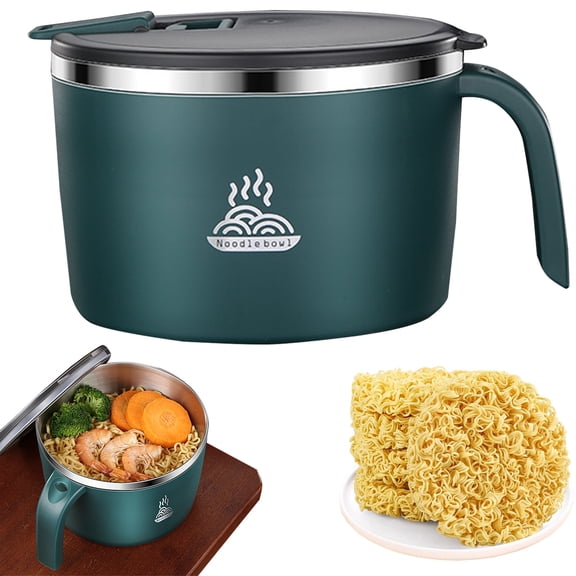Stainless Steel Instant Noodle Cooker, 900ML Capacity Lunch Bowl with Lid, Double Layer Soup Bowl, Thermal Lunch Box Container for Home, Kitchen, Office (Green)