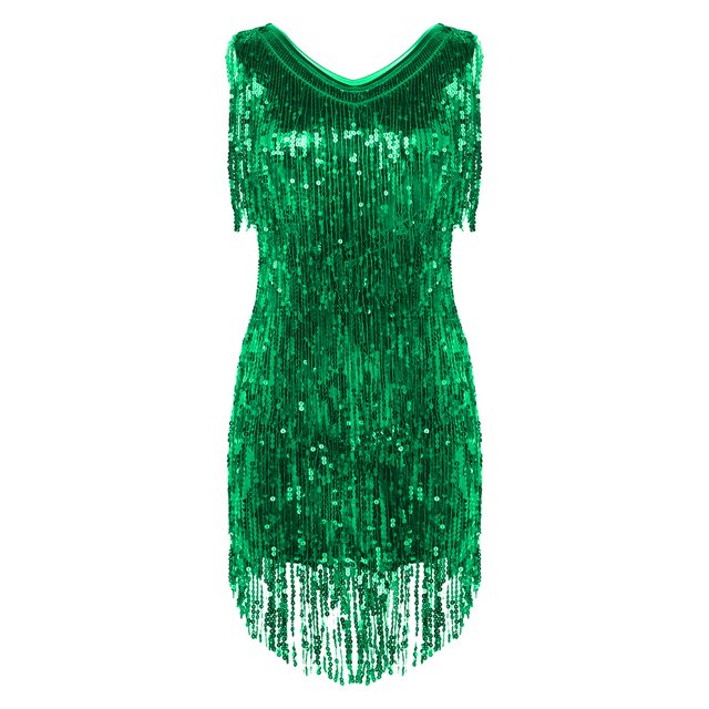 Mufeng Robe de Danse Salsa Latin Tango Cha Cha pour Femmes Robe à Paillettes à Franges Costume de Bal Vert TG