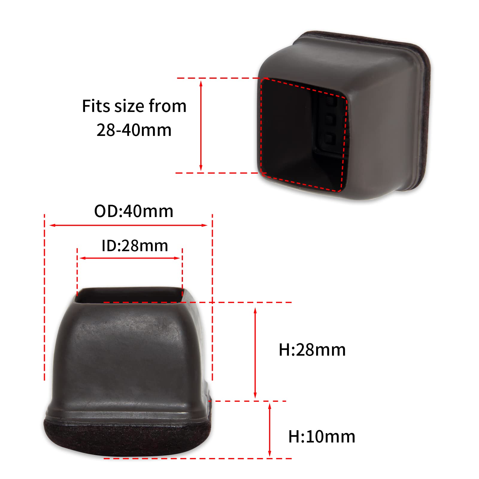 Flyshop 8PCS Square Chair Leg Caps with Felt Pads Durable Floor Protectors for Hardwood Floor Prevent Scratches Reduce Noise Foot Cap, Dark Brown Protective Caps, 28 to 40 mm