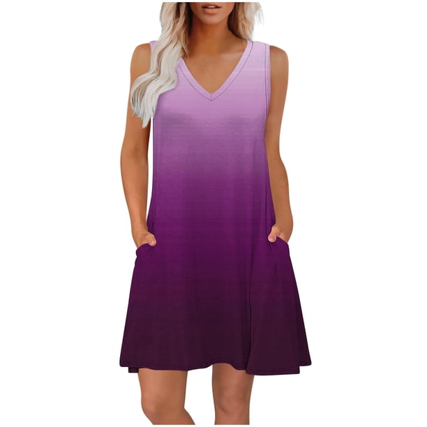 Vestido Corto para Mujeres Verano sin Mangas Cuello en V, Impresión de Moda con Bolsillos, Poliéster de Algodón Casual