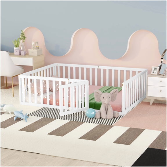 White Full Size Daybed with Gate, Low Profile Platform Bed Frame, Safety Fence Design, No Box Spring Needed