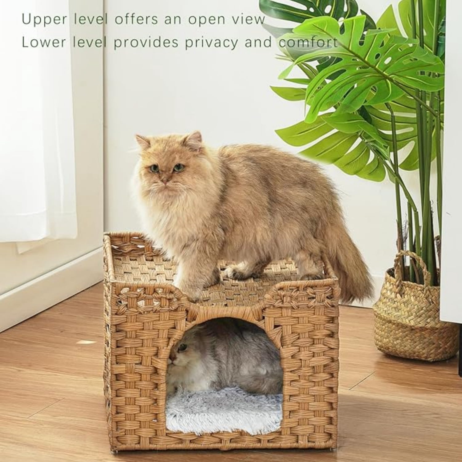 Cat Beds Indoor Kitten House, Handwoven Rattan Cat Cave Pet Cube, Large Cat Houses, One Bed Mat, Foldable, Hideaway, 16.5x16.5x13.2 Inches, 2 S-Shaped Hooks in Living Room Bedroom Natural