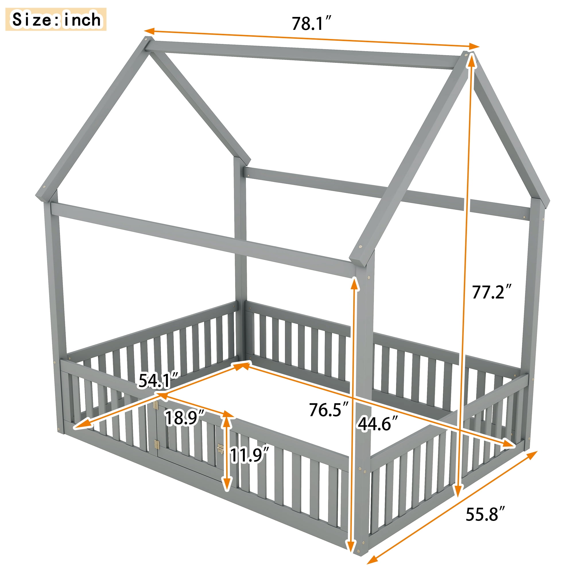 Full Size Montessori Bed, Full House Beds with Fence and Door, Floor Bed Full with Rails (Gray)